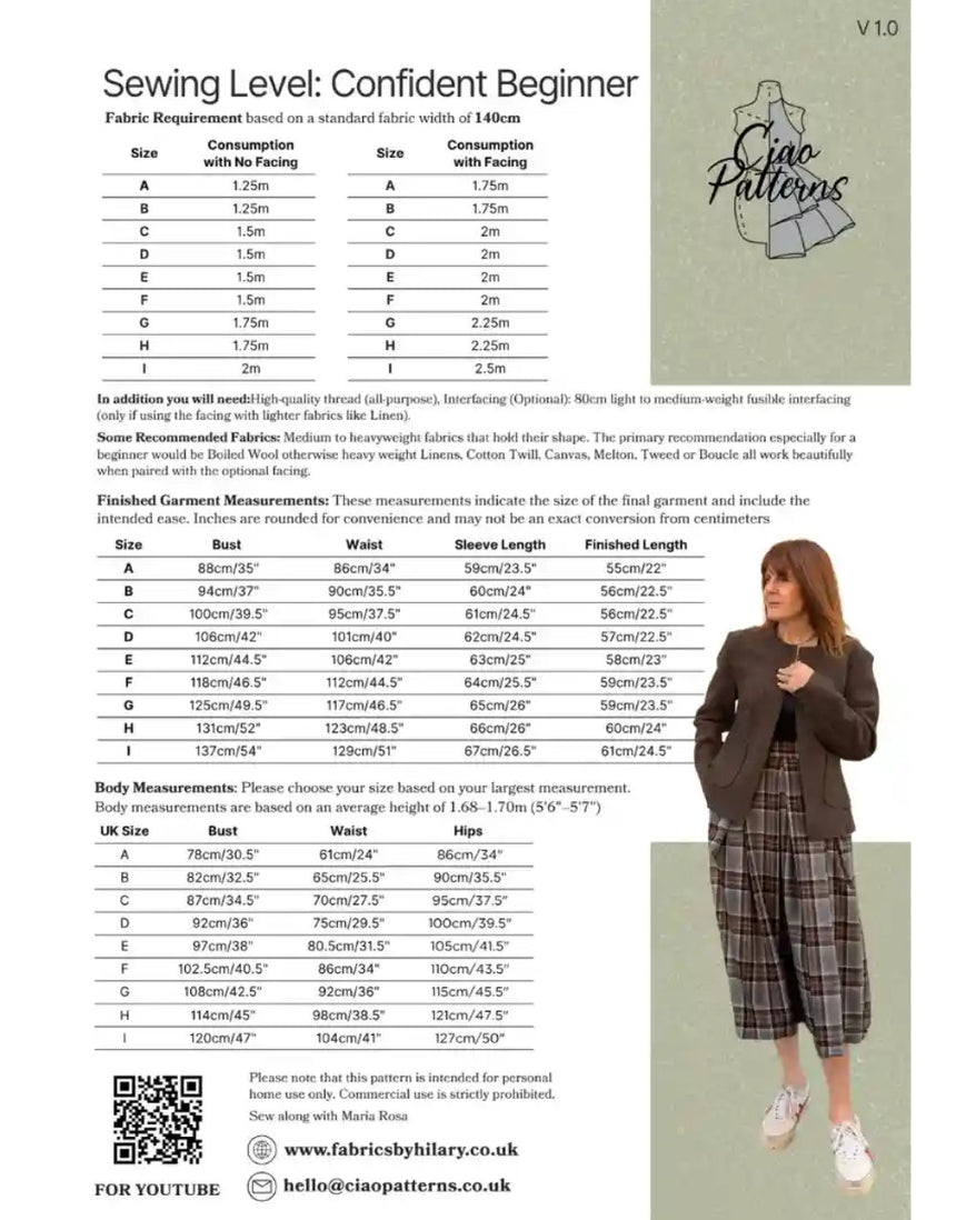 Giulia Short Jacket Paper Sewing Pattern, Ciao Patterns