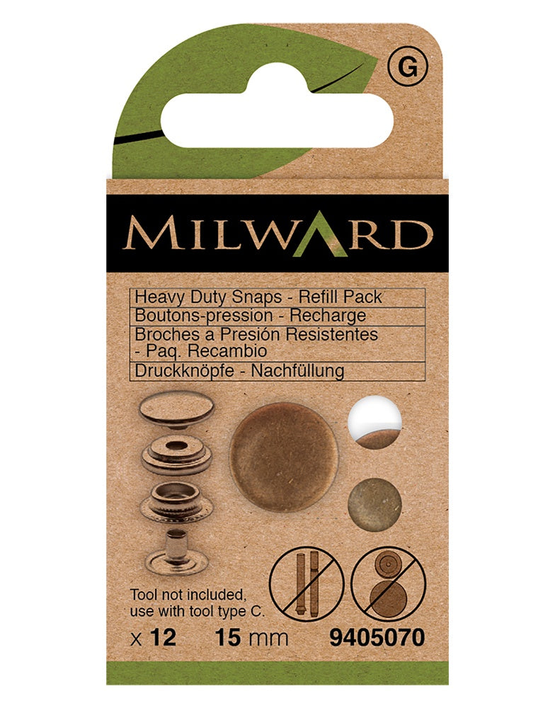 Milward Green Snap Fasteners - Heavy Duty Refill Pack Antique Brass, 15mm