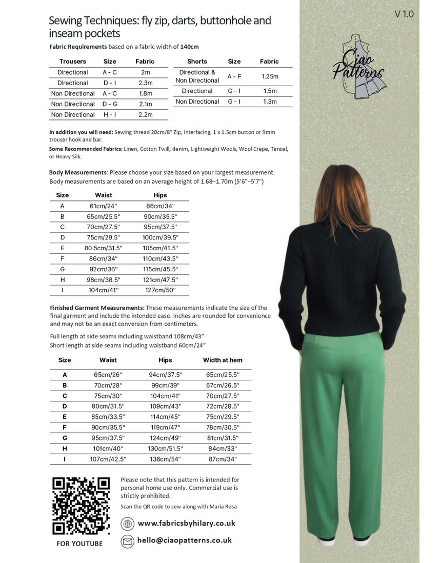 Alessandra Trousers Paper Sewing Pattern, Ciao Patterns