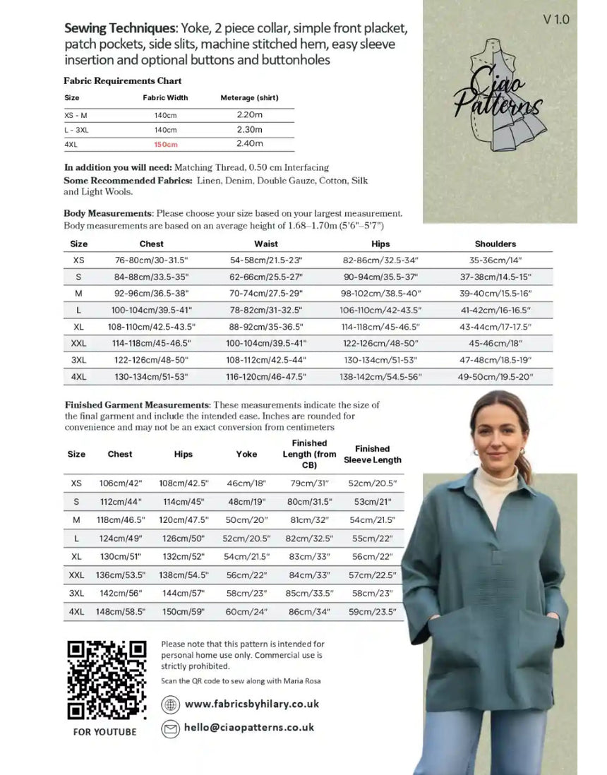Andrea Over Sized Shirt Unisex Paper Sewing Pattern, Ciao Patterns