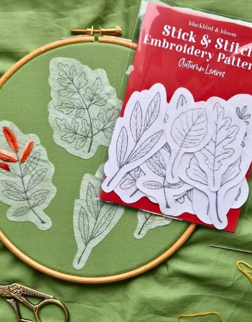 Autumn Leaves Stick & Stitch Embroidery Patterns, Blackbird & Bloom