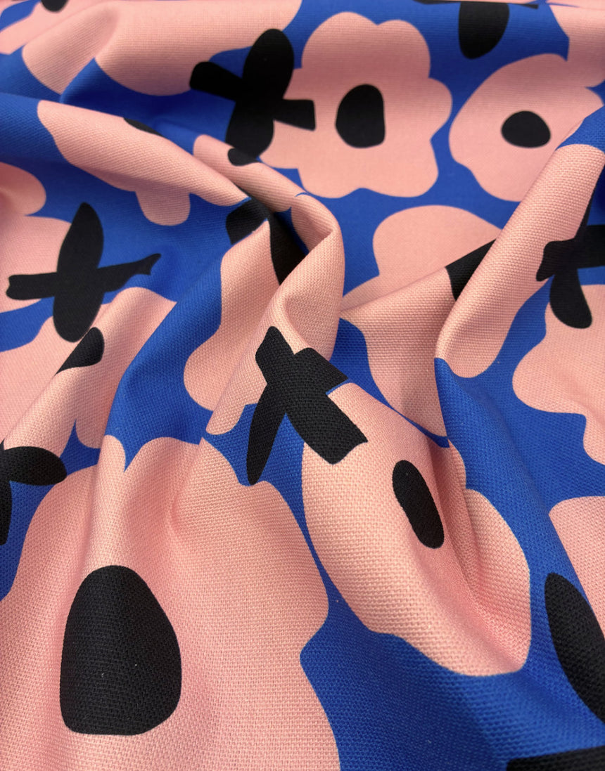 Blooming Pops Blue Cotton Canvas Fabric, Karine+Kind