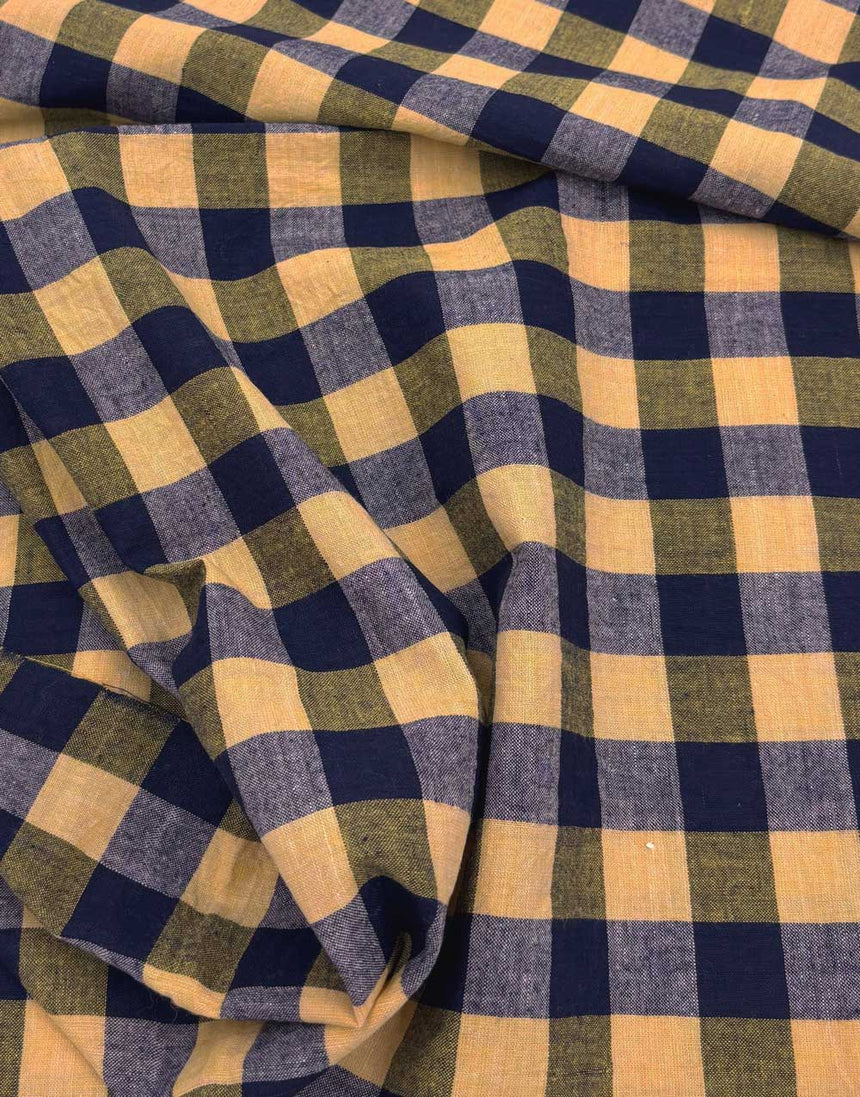 Blue & Peach Check Indian Woven Cotton Fabric