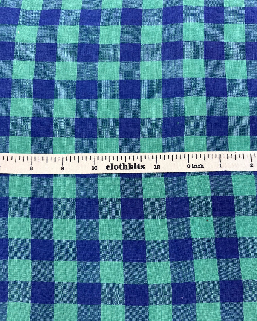 Blue & Tuquoise Check Indian Woven Cotton Fabric