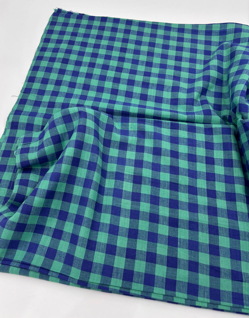 Blue & Tuquoise Check Indian Woven Cotton Fabric
