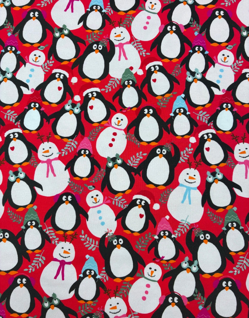 Christmas Penguin Party French Terry Fabric - Red