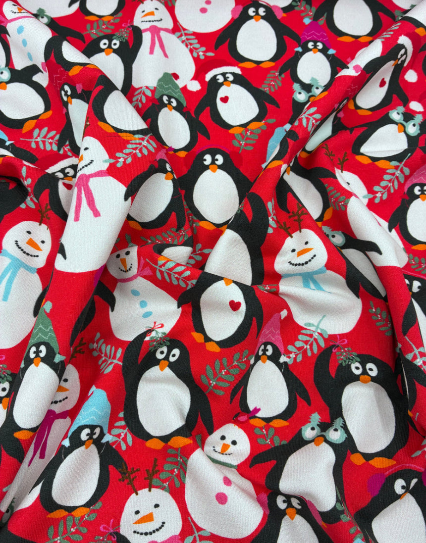 Christmas Penguin Party French Terry Fabric - Red
