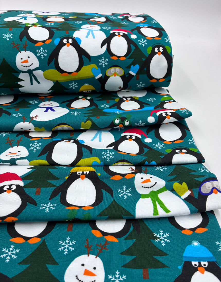 Christmas Penguin Party French Terry Fabric - Teal