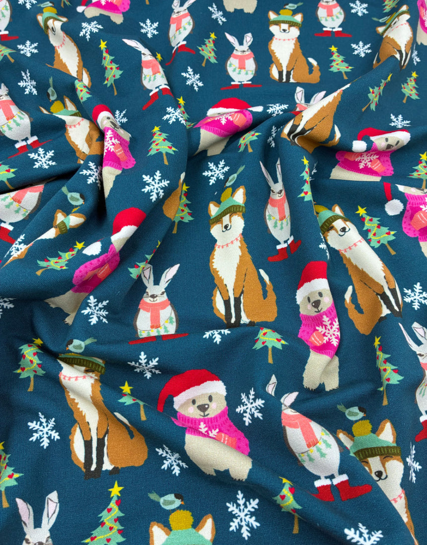 Christmas Woodland Friends French Terry Fabric - Teal