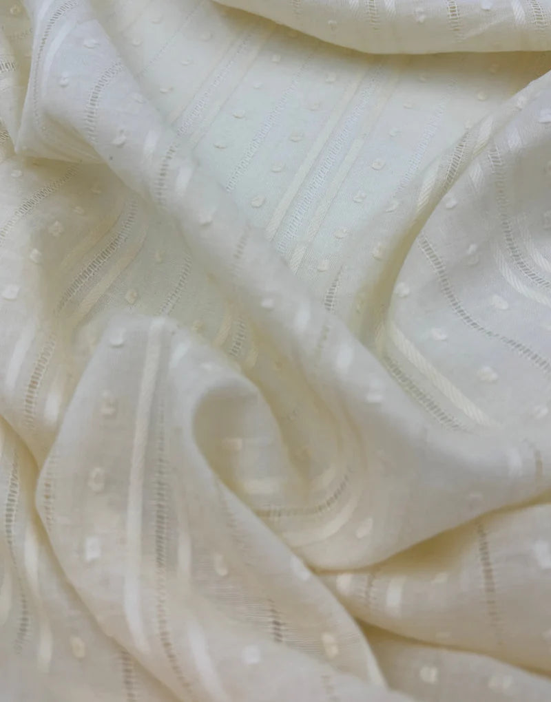 Remnant 1.35m - Cream Dobby Stripe Cotton Voile, Swiss Knot Fabric