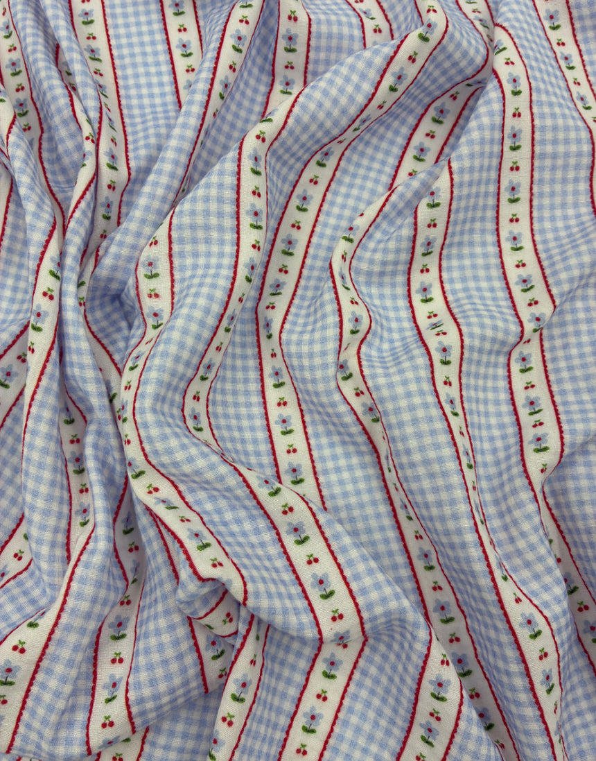 Baby Blue Cherry Blossom Stripe Double Gauze Fabric