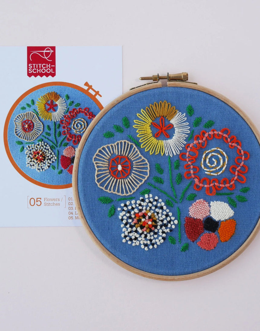 5 Flowers/Stitches Embroidery Kit, Stitch-School