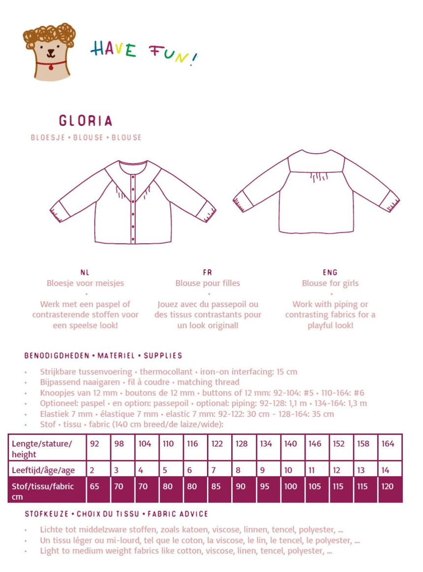 Gloria Girls Blouse Sewing Pattern, Atelier Jupe