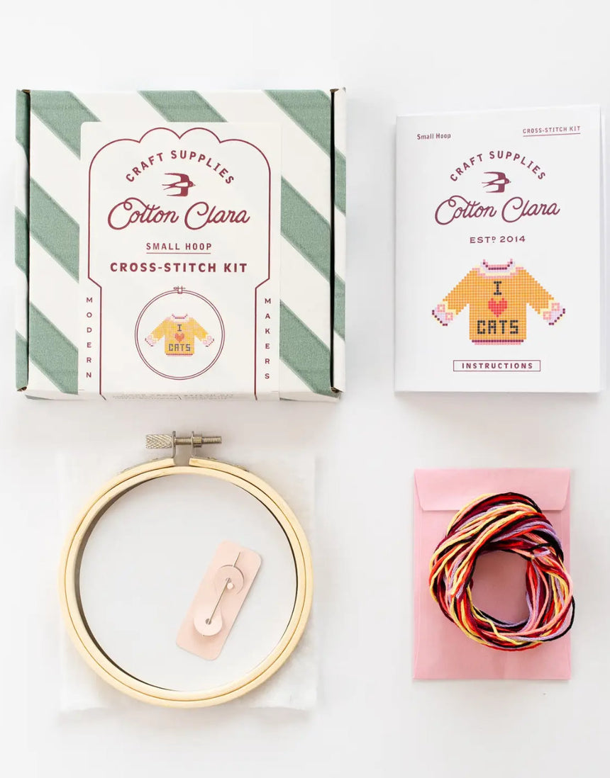 I Love Cats Cross Stitch Kit, Cotton Clara