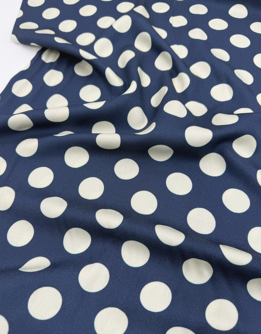 Remnant 40cm -Navy & Ivory Polka Dot Viscose Fabric