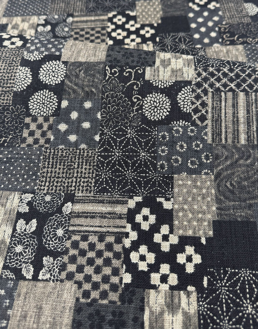 Sevenberry Japanese Textured Cotton Fabric - Black Patchwork