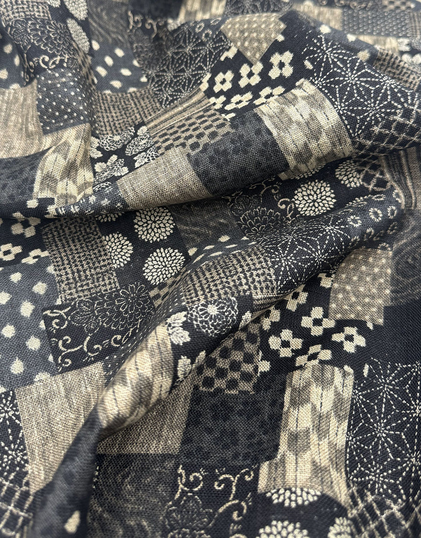 Sevenberry Japanese Textured Cotton Fabric - Black Patchwork
