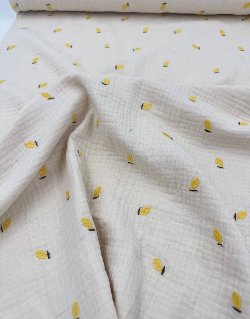 Lemon Embroidered Double Gauze Fabric