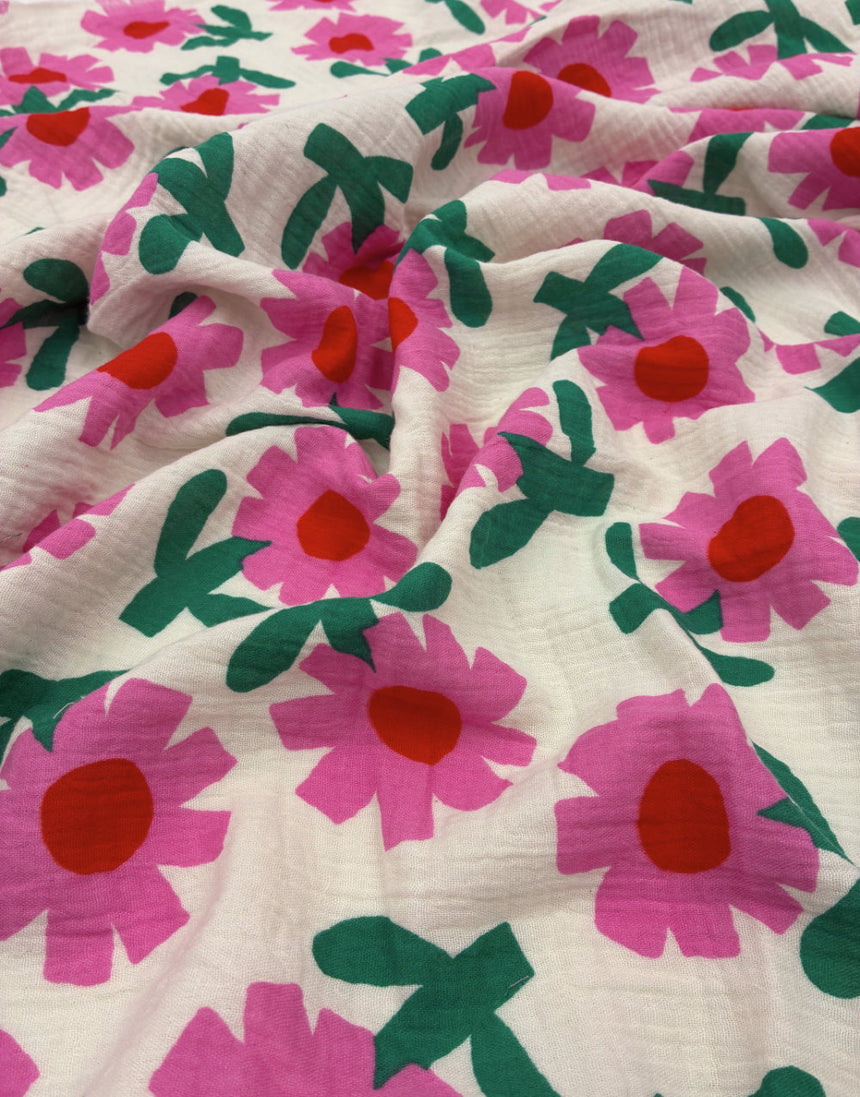 Pink Flower Pop Organic Cotton Double Gauze Fabric, Jennifer Bouron