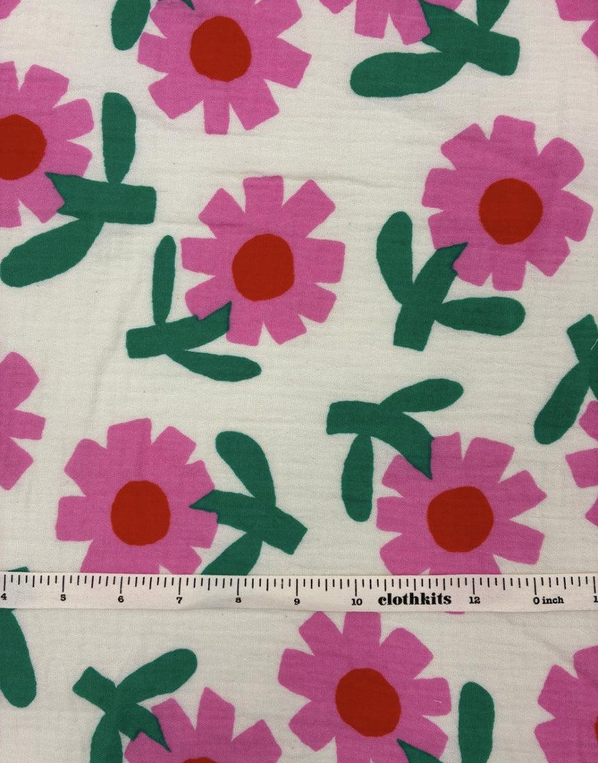Pink Flower Pop Organic Cotton Double Gauze Fabric, Jennifer Bouron