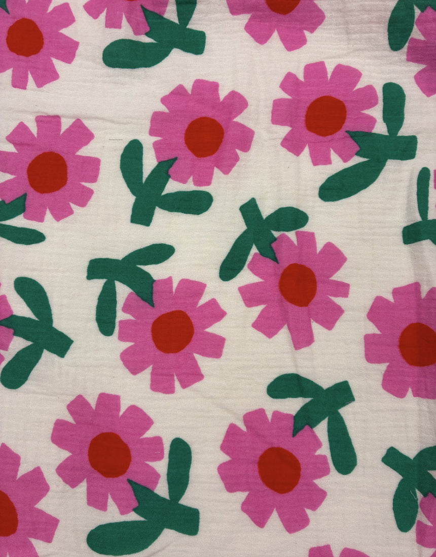 Pink Flower Pop Organic Cotton Double Gauze Fabric, Jennifer Bouron