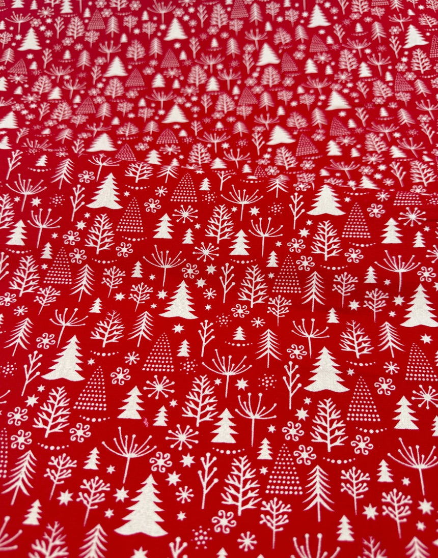 Scandi Christmas Trees Red Cotton Fabric