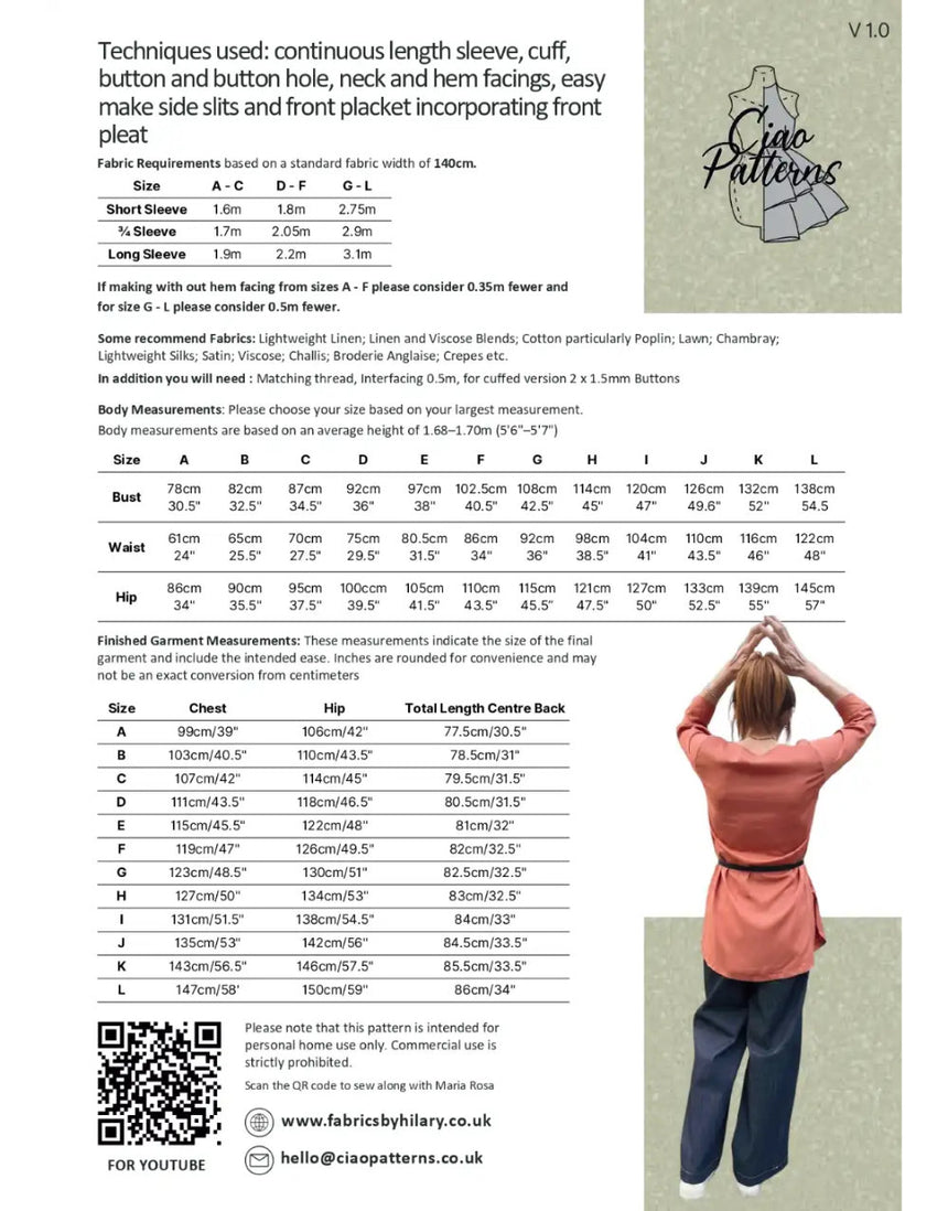 Rita Tunic Unisex Paper Sewing Pattern, Ciao Patterns