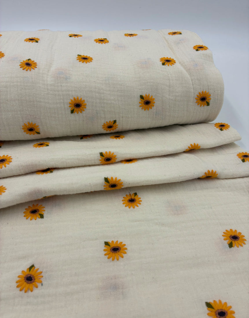 Sunflower Sprinkle Embroidered Double Gauze Cotton Fabric