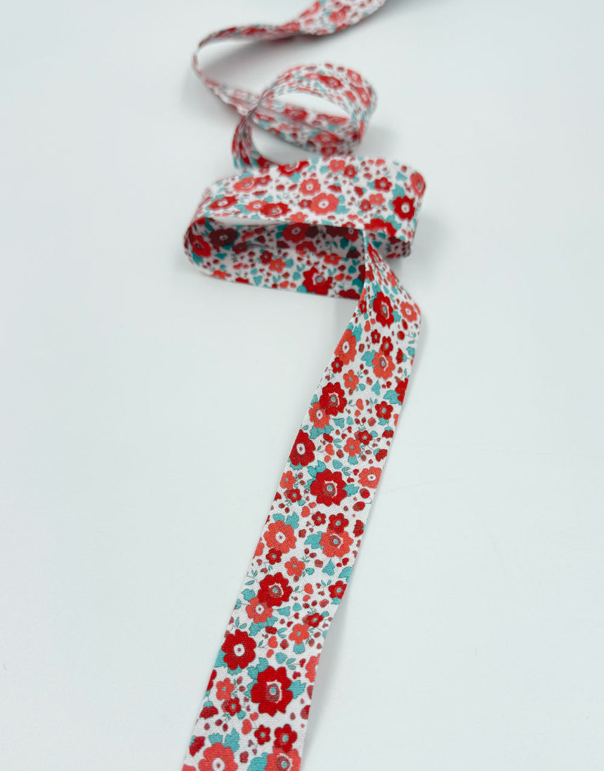 Red Blossom Floral Cotton Bias Binding, 25mm