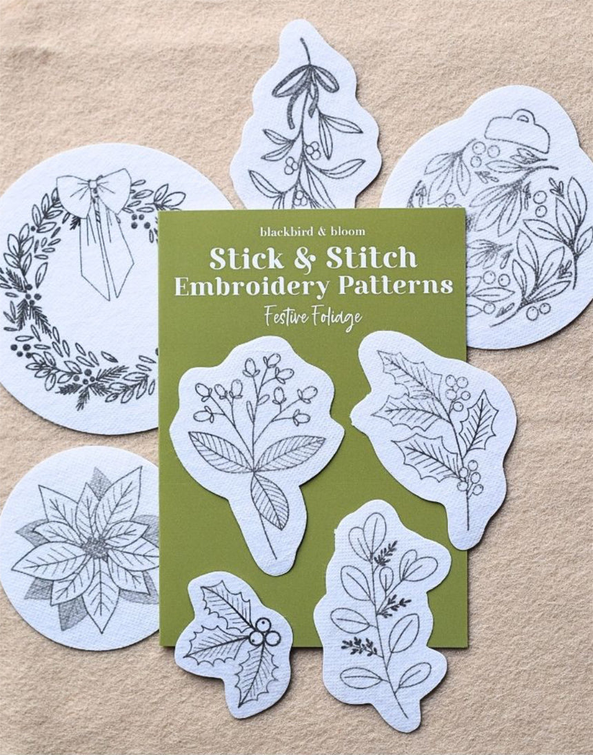 Festive Foliage Stick & Stitch Embroidery Patterns, Blackbird & Bloom