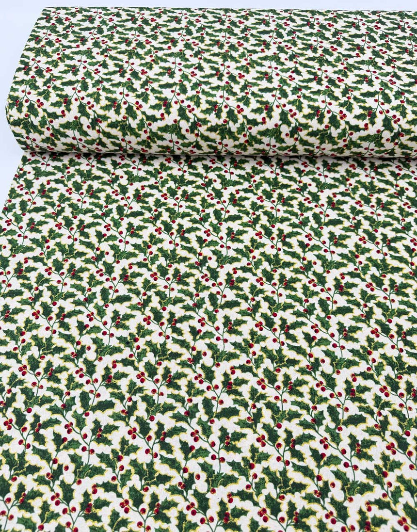 Golden Holly Christmas Cotton Fabric
