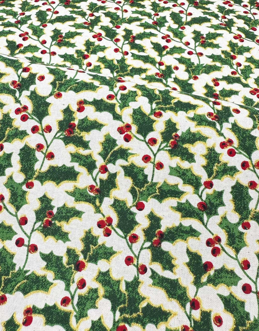 Golden Holly Christmas Cotton Fabric