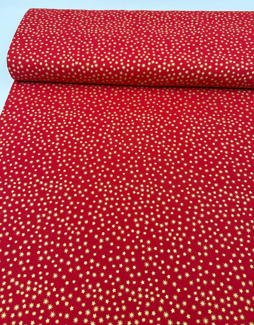 Metallic Gold Star on Red Christmas Cotton Fabric