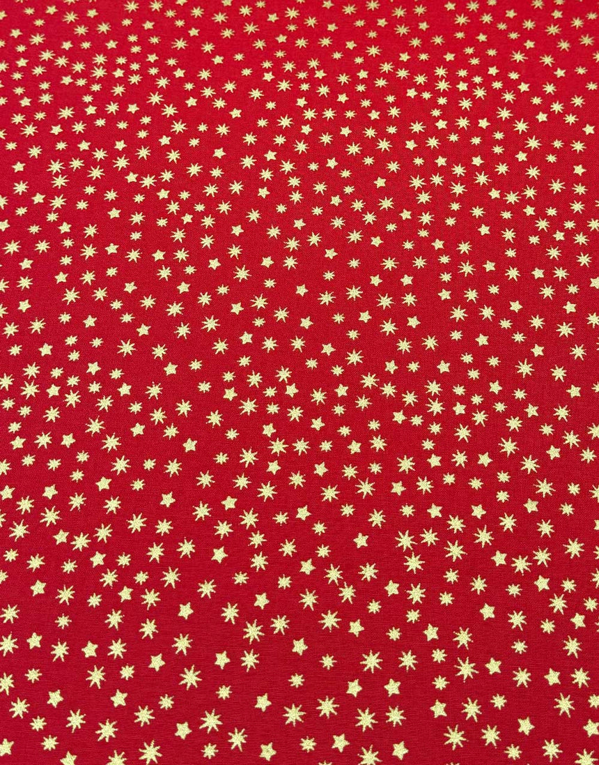 Metallic Gold Star on Red Christmas Cotton Fabric