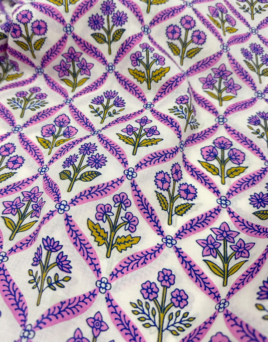 Remnant 1.6m - Rose Jali Trellis, Indian Block Print Cotton Fabric