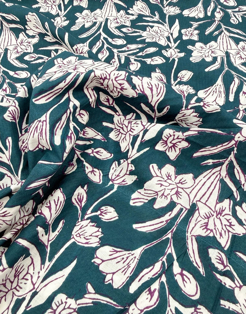 Remnant 75cm - Teal Phool Floral, Indian Block Print Cotton Fabric