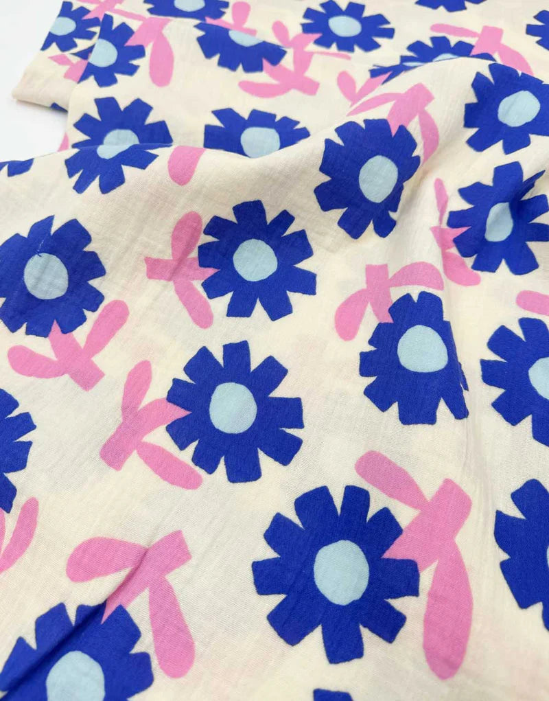 Remnant 1.8m - Blue Flower Pop Organic Cotton Double Gauze Fabric, Jennifer Bouron