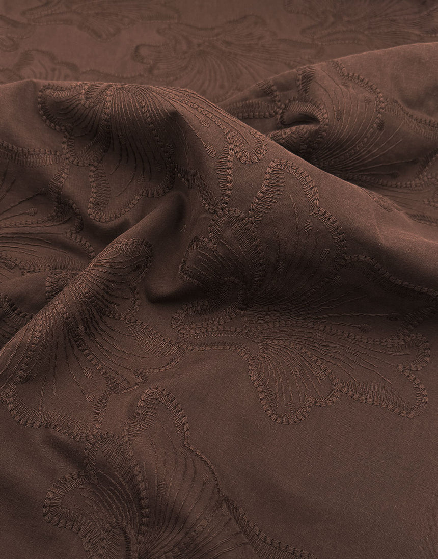 Chocolate Brown Floral Embroidered Cotton Fabric