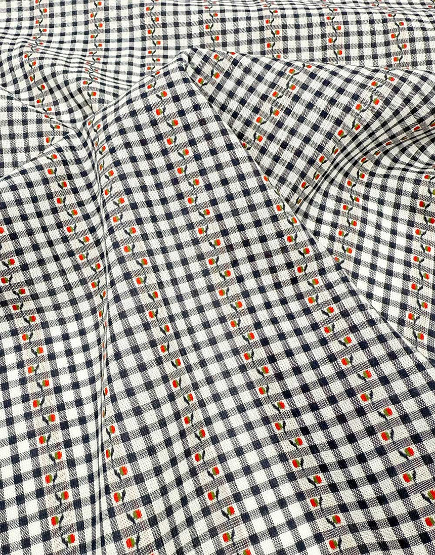 Remnant 90cm - Gingham Blossom Navy Striped Jacquard Cotton Fabric