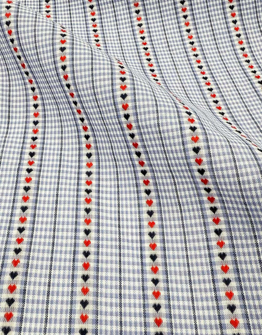Remnant 95cm - Gingham Hearts Light Blue Striped Jacquard Cotton Fabric