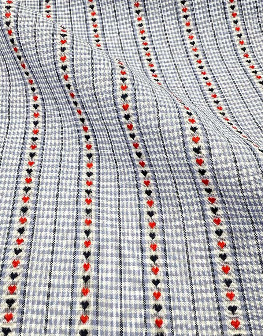 Remnant 1m -Gingham Hearts Light Blue Striped Jacquard Cotton Fabric