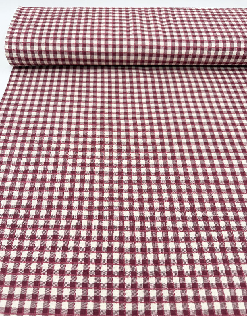 Burgundy & Cream Stitched Gingham Cotton Yarn-Dyed Fabric