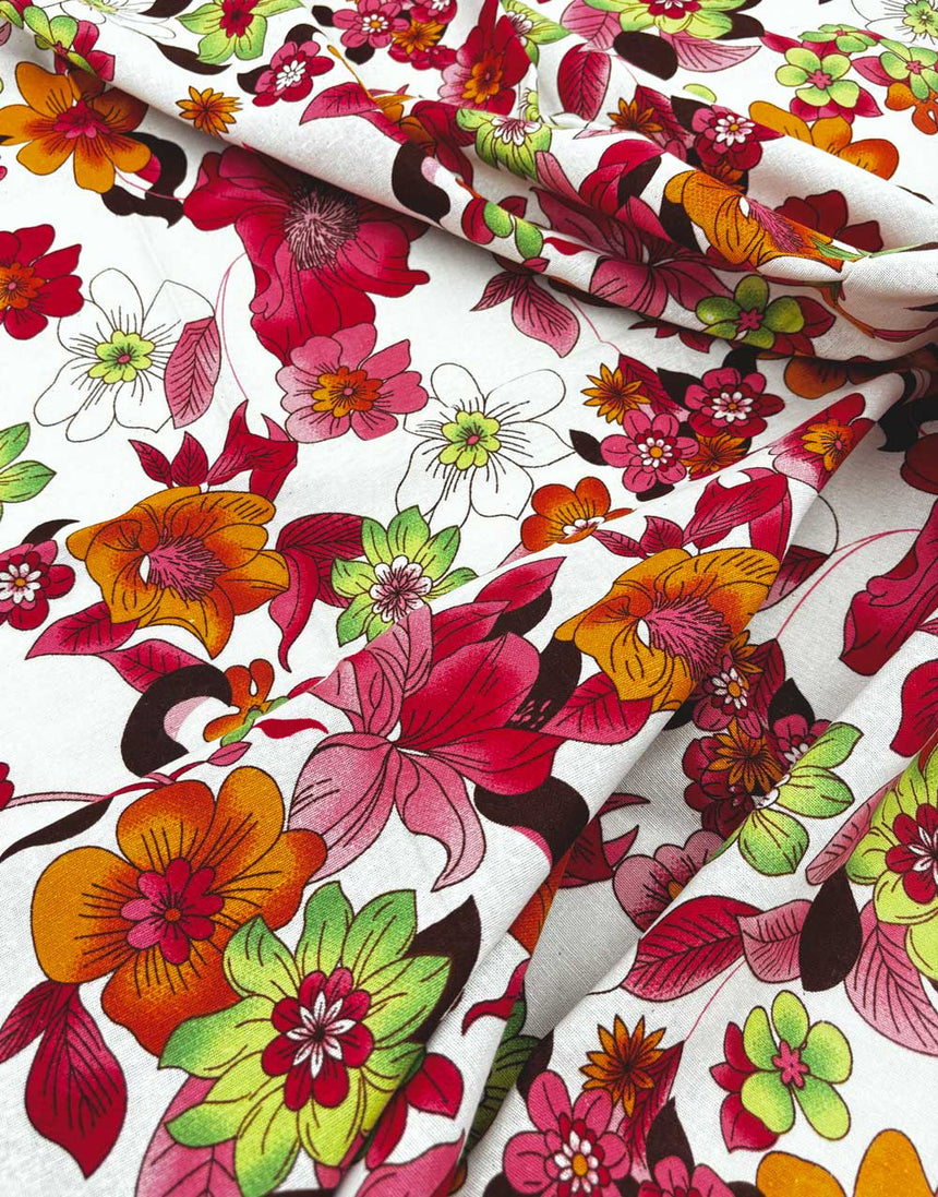 Red Hibiscus Linen Look Cotton Fabric