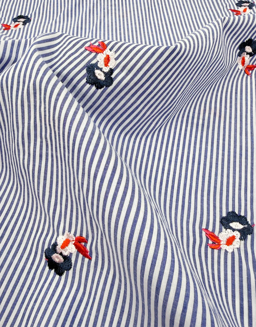 Remnant 90cm - Blue Pinstripe Embroidered Floral Cotton Fabric