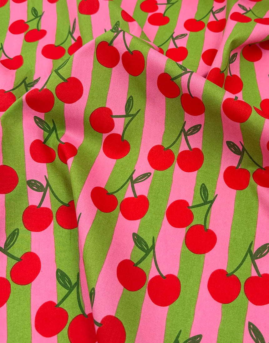 Remnant 60cm - Pink Striped Cherry Cotton Poplin Fabric