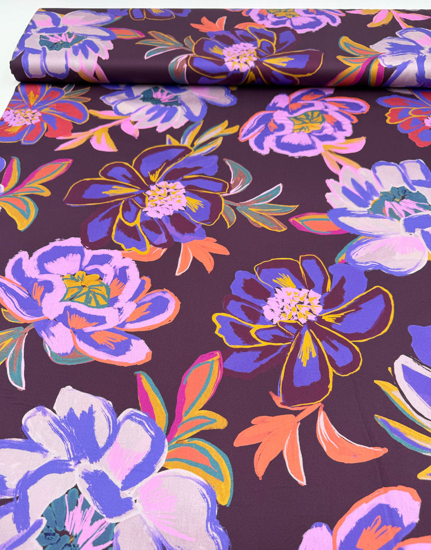 Aubergine Electric Peony Cotton Sateen Fabric