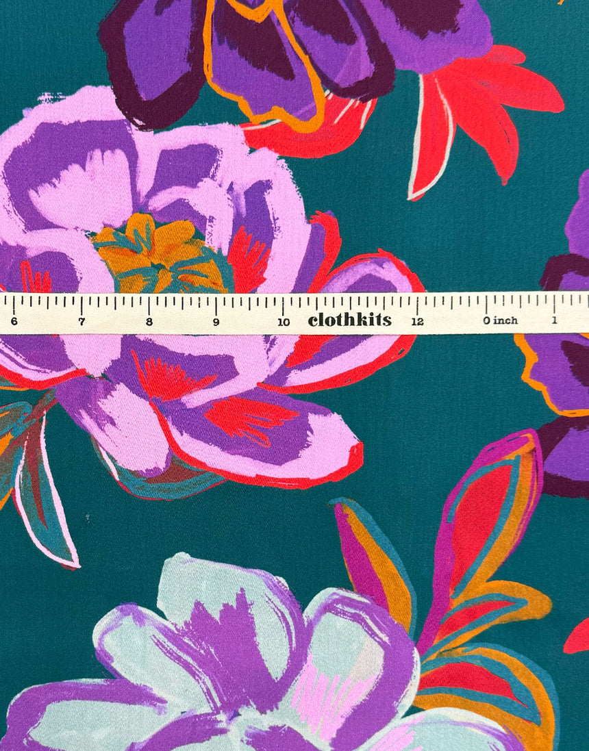 Petrol Electric Peony Cotton Sateen Fabric