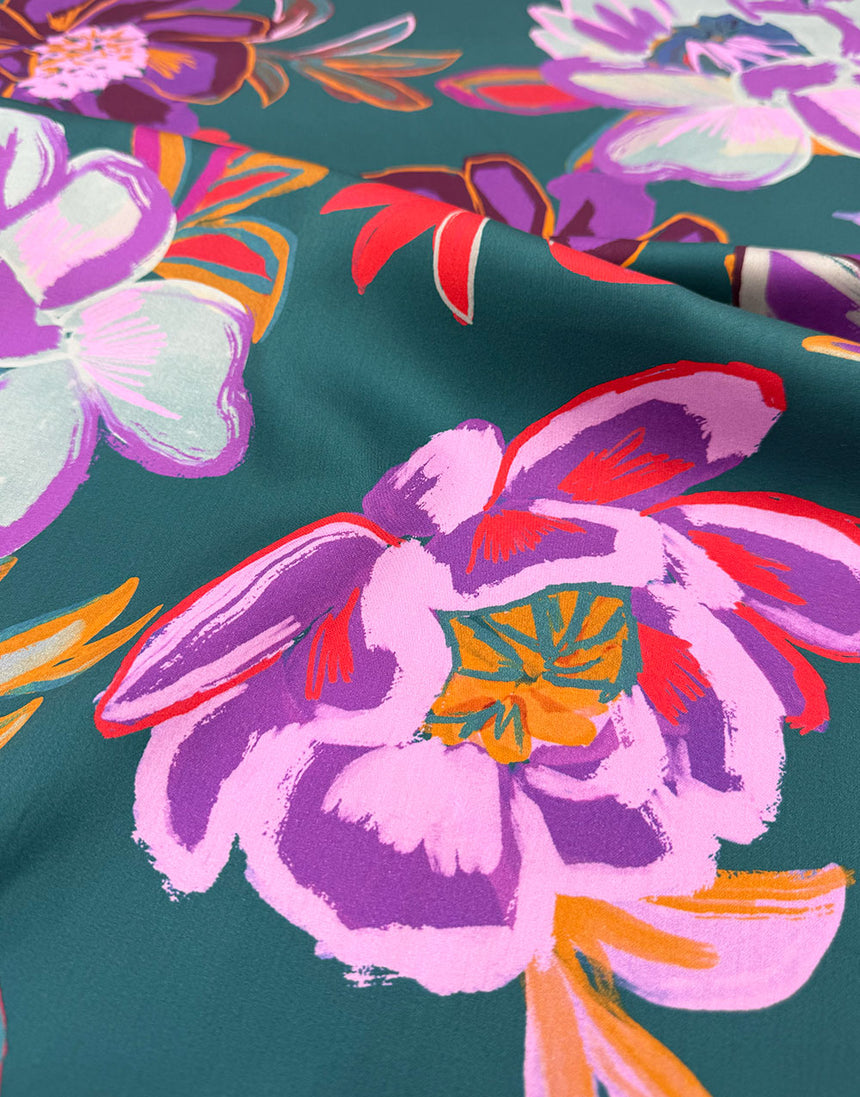 Petrol Electric Peony Cotton Sateen Fabric