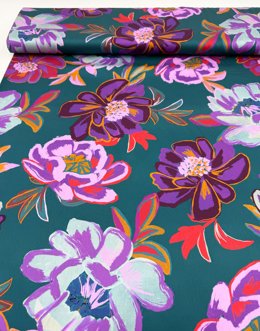 Petrol Electric Peony Cotton Sateen Fabric