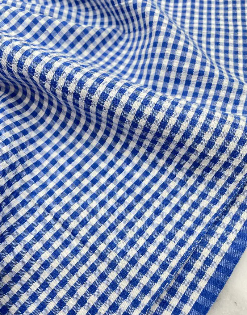 Remnant 90cm - Royal Blue Cotton Gingham Seersucker